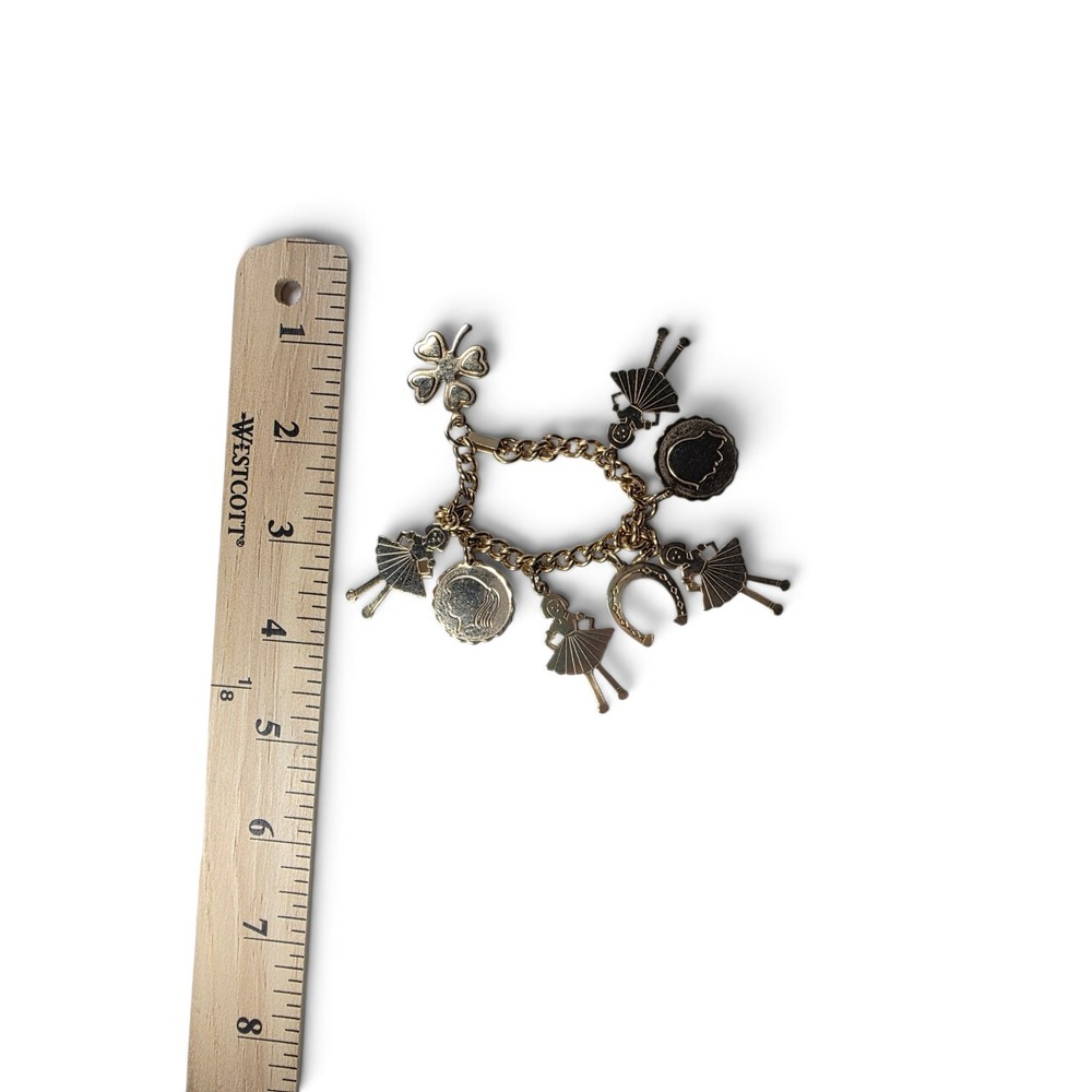 Vintage Gold Tone Charm Bracelet with Ballerina, horseshoe Whimsy Dainty Retro - Picture 3 of 3